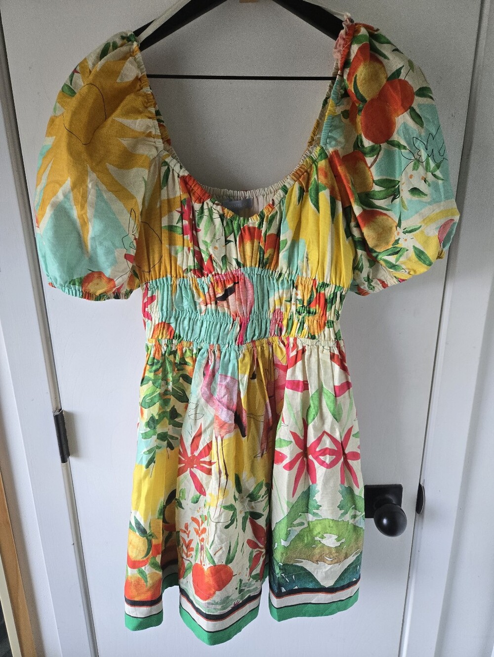 Cotton Fruit Landscape Smocked Mini Dress Size 4
